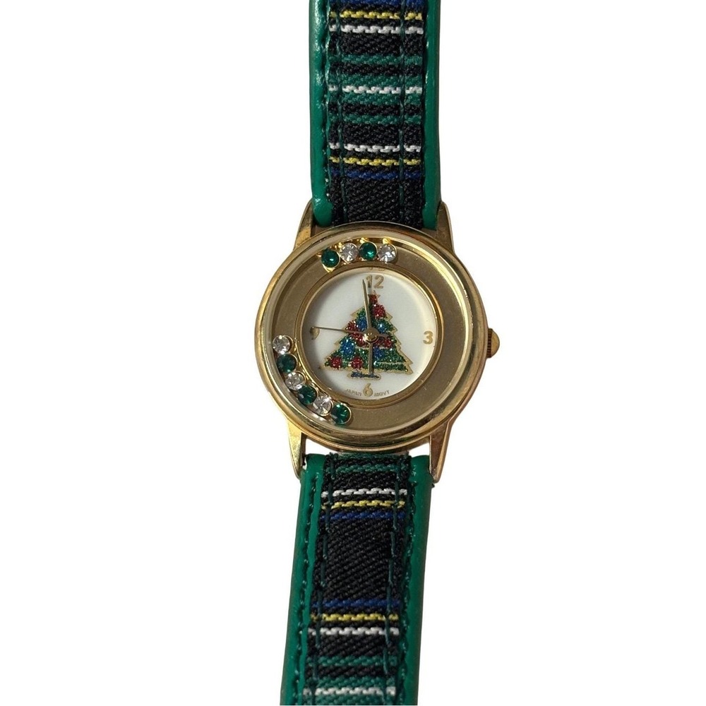 Movt Christmas‎ Stainless Steel Plaid Band Tree Watch Analog Gems Retro 1990s